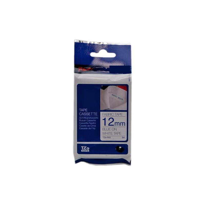 NASTRO COMPATIIBLE PER TESSUTI LAMINATO BLU SU BIANCO (12MM X 3M) PER BROTHER TZE-FA3 (BANDA APPLICABILE CON STIRATURA)