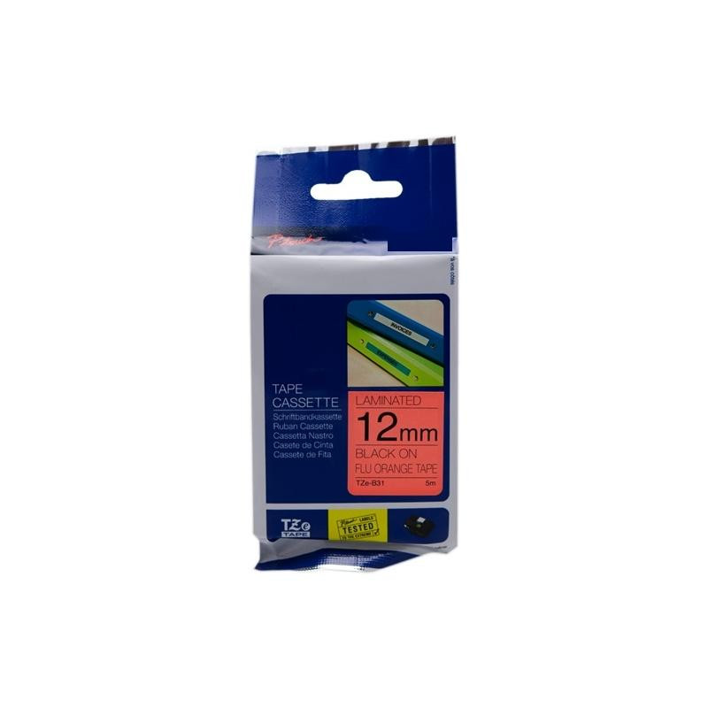 NASTRO LAMINATO NERO SU ARANCIONE (12MM X 5M) PER BROTHER TZ-B31, TZE-B31