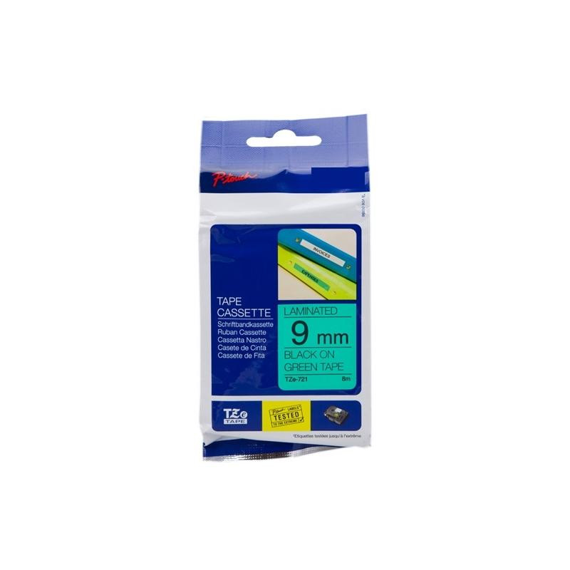 NASTRO COMPATIBILE LAMINATO NERO SU VERDE (9MM X 8M) PER BROTHER TZ-721, TZE-721