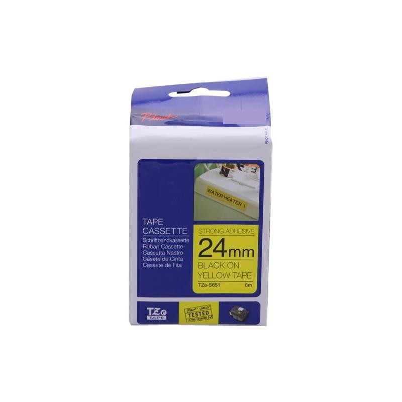 NASTRO RINFORZATO LAMINATO NERO SU GIALLO (24MM X 8M) PER BROTHER TZ-S651, TZE-S651