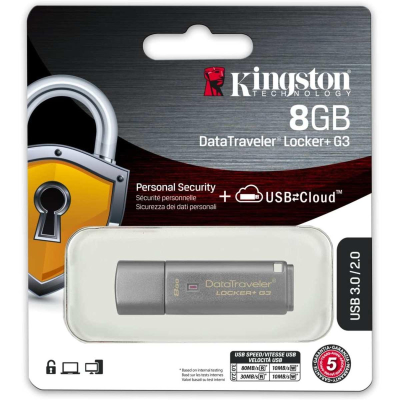 PENDRIVE KINGSTON DT LOCKER + MEMORIA USB G3 8GB - USB 3.0 - 80MB/S IN LETTURA - DA USB A CLOUD - SISTEMA DI CRITTOGRAFIA
