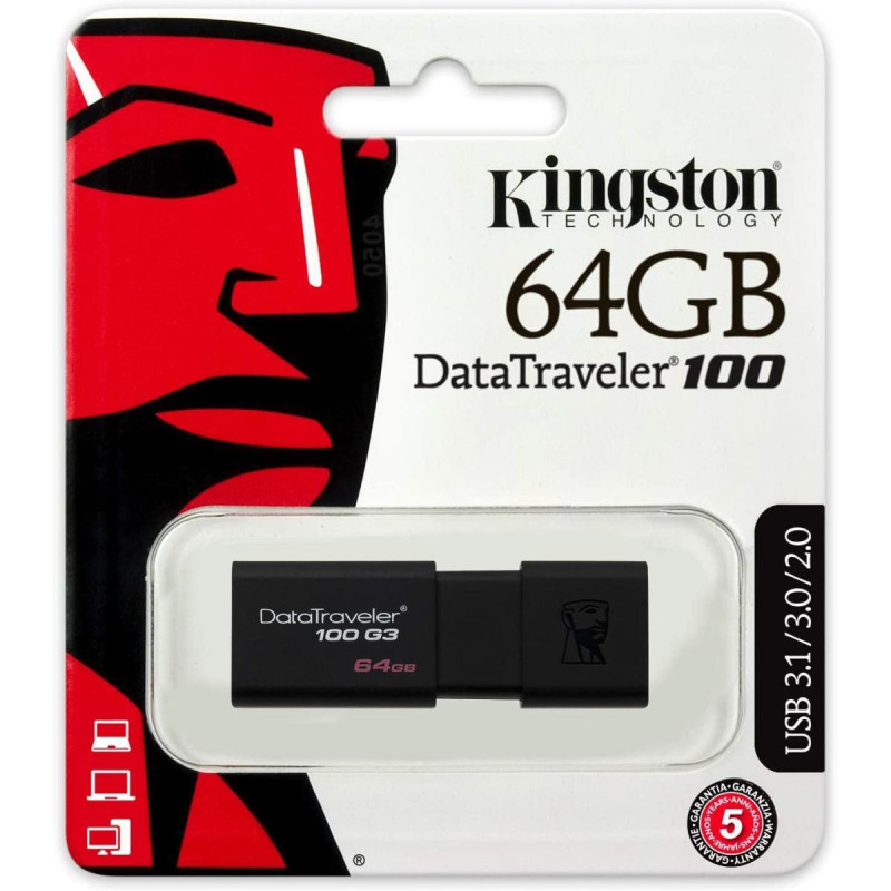 PENDRIVE KINGSTON DATATRAVELER 100 G3 MEMORIA USB 64GB - USB 3.0 - 100MB/S IN LETTURA - COVER SCORREVOLE - COLORE NERO