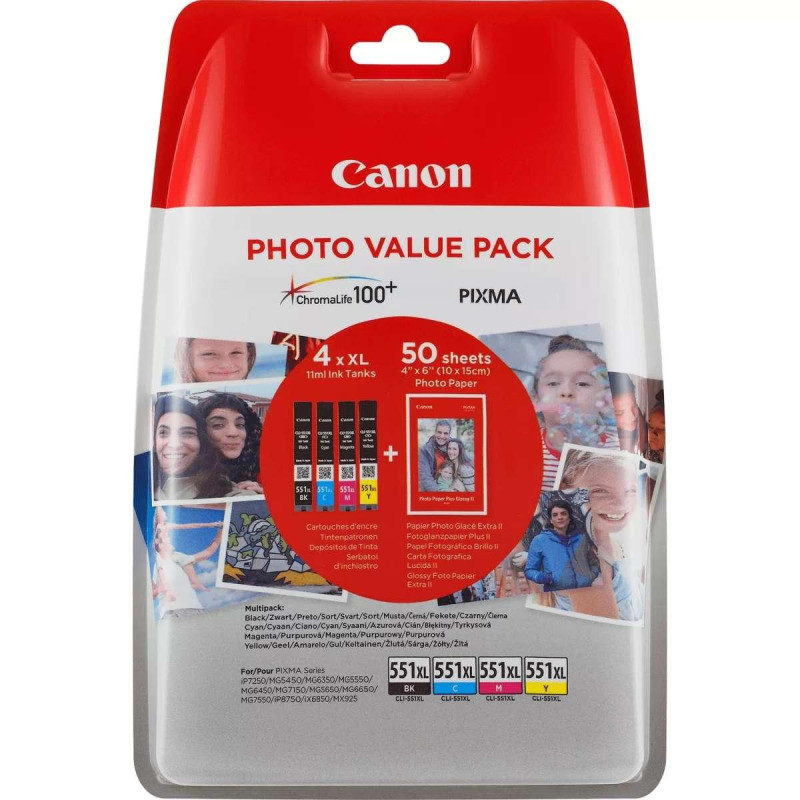MULTIPACK ORIGINALE (6443B006, CLI-551XL) CANON MG5550 (4X11ML) + 50 FOGLI FOTOGRAFICI