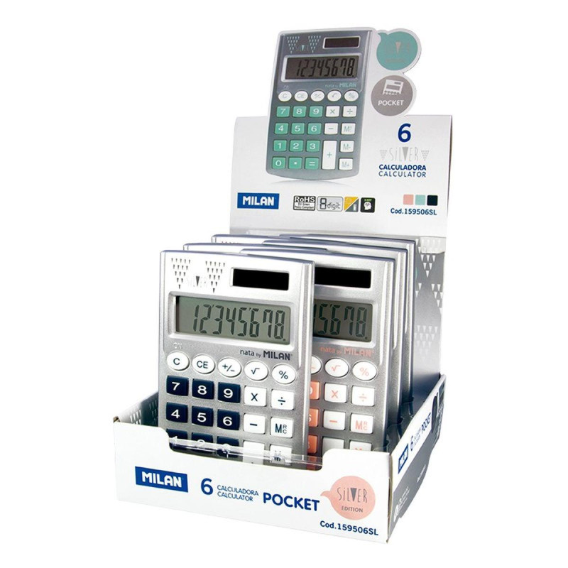 MILAN POCKET SILVER DISPLAY 6 CALCOLATRICI TASCABILI 8 CIFRE - SOFT TOUCH - 3 CHIAVI MEMORY E RADICE QUADRATA - SPEGNIMENTO AUTO