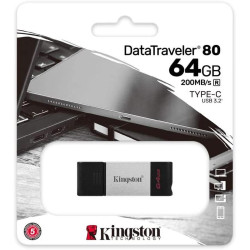 PENDRIVE KINGSTON DATATRAVELER 80 USB TIPO C FLASH DRIVE 64GB - USB-C 3.2 GEN 1 - 200 MB/S LETTURA - CON COVER - DESIGN IN METAL
