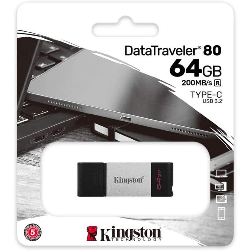 PENDRIVE KINGSTON DATATRAVELER 80 USB TIPO C FLASH DRIVE 64GB - USB-C 3.2 GEN 1 - 200 MB/S LETTURA - CON COVER - DESIGN IN METAL