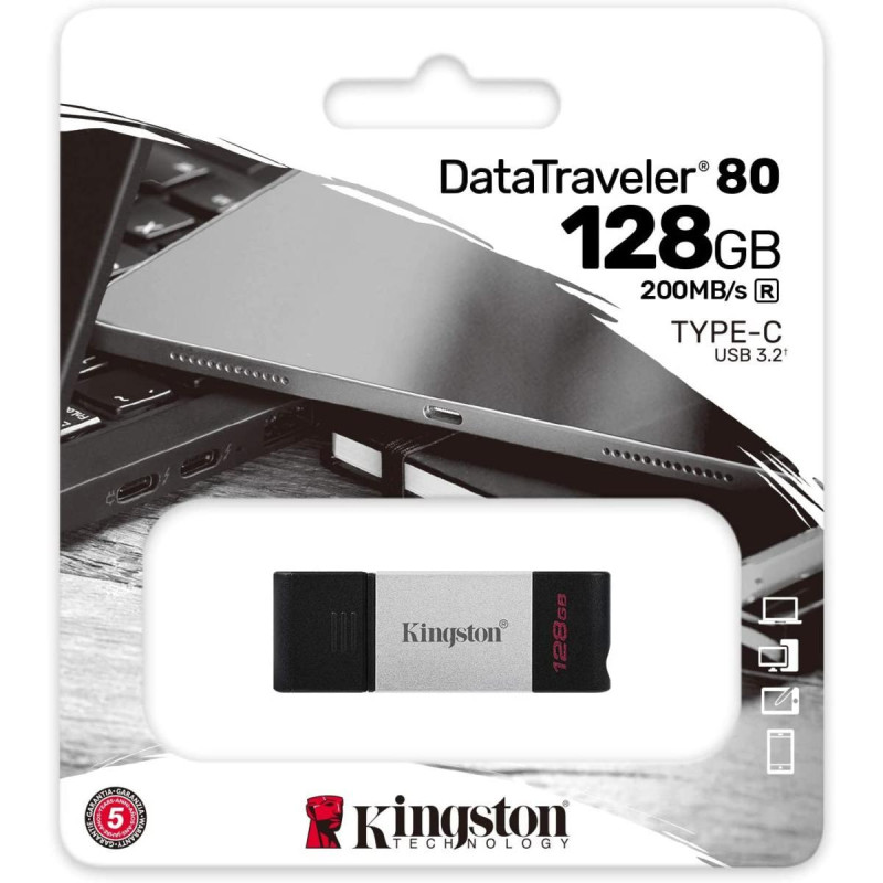 PENDRIVE KINGSTON DATATRAVELER 80 USB TIPO C FLASH DRIVE 128GB - USB-C 3.2 GEN 1 - 200 MB/S LETTURA - CON COVER - DESIGN IN META