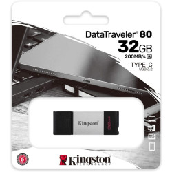PENDRIVE KINGSTON DATATRAVELER 80 USB TIPO C FLASH DRIVE 32GB - USB-C 3.2 GEN 1 - 200 MB/S LETTURA - CON COVER - DESIGN IN METAL