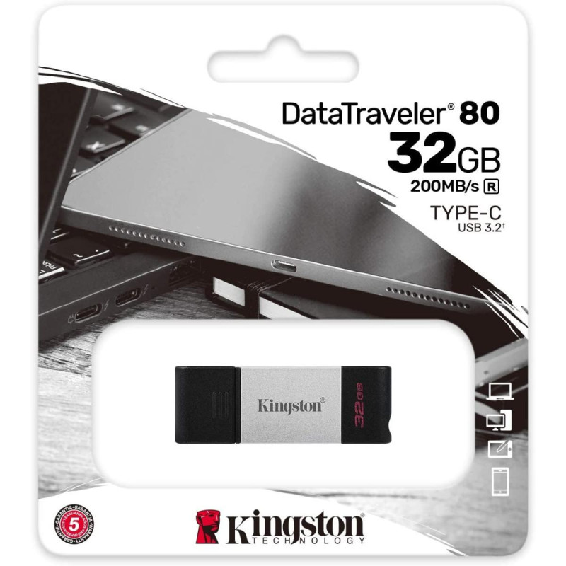 PENDRIVE KINGSTON DATATRAVELER 80 USB TIPO C FLASH DRIVE 32GB - USB-C 3.2 GEN 1 - 200 MB/S LETTURA - CON COVER - DESIGN IN METAL