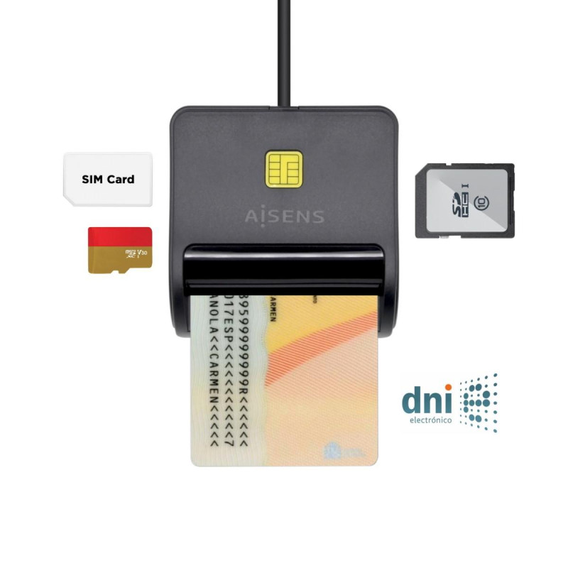 LETTORE DI SMART CARD AISENS DNI CON LETTORE DI SCHEDE SIM - SD - MICRO SD - MMC - RS-MMC - MMC MICRO - COLORE NERO