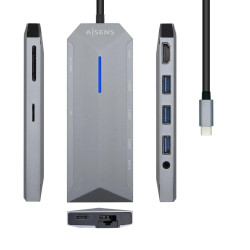 AISENS DOCK 9 IN 1 HUB USB-C 3.0 CON 3X USB-A 3.0, 1X HDMI 1X RJ45, 1X PD 100W, 1X AUDIO DA 3,5 MM, 1X LETTORE SD, 1X LETTORE MI