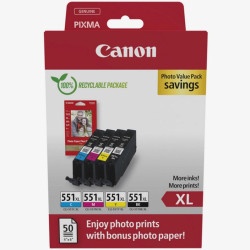 MULTIPACK ORIGINALE (6443B008, CLI-551XL) CANON MG5550 + CARTA FOTOGRAFICA| KCMY