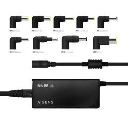 CARICABATTERIE UNIVERSALE AUTOMATICO MULTITENSIONE PER LAPTOP AISENS DA 65 W CON 9 CONNETTORI + USB-A QC 3.0 - NERO