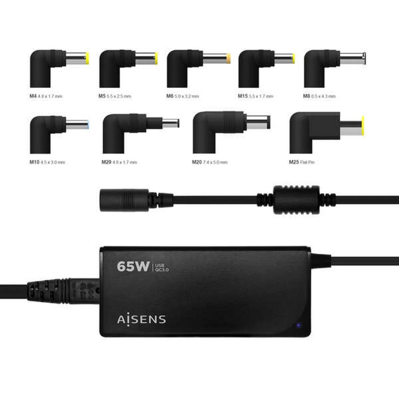 CARICABATTERIE UNIVERSALE AUTOMATICO MULTITENSIONE PER LAPTOP AISENS DA 65 W CON 9 CONNETTORI + USB-A QC 3.0 - NERO