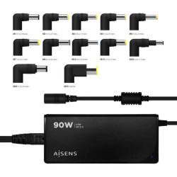 CARICABATTERIE UNIVERSALE AUTOMATICO MULTITENSIONE PER LAPTOP AISENS DA 90W CON 9 CONNETTORI + USB-A QC 3.0 - NERO