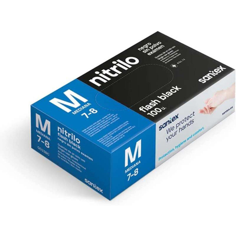 GUANTI IN NITRILE SANTEX FLASH BLACK, CONFEZIONE DA 100, TAGLIA M - 6 GRAMMI - SENZA POLVERE - SENZA LATTICE - NON STERILI - NER
