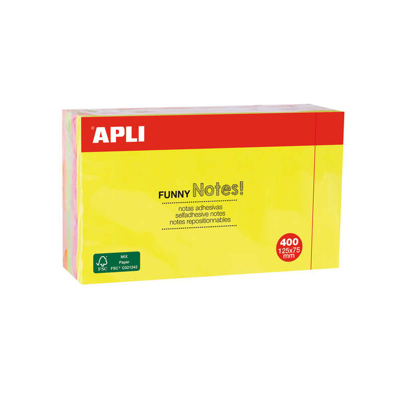 BLOCCO DI 400 FOGLIETTI ADESIVI RIPOS. APLI FUNNY 125X75 MM - 4 COLORI ASSORTITI FLUO