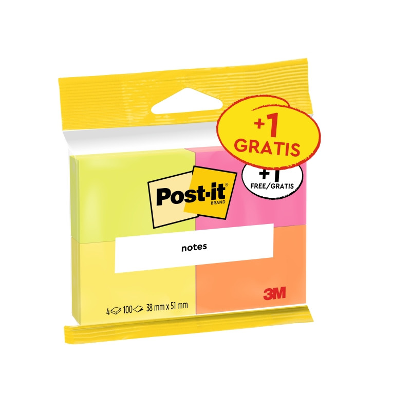 CONFEZIONE DA 4 BLOCCHETTI DI POST-IT DA 100 FOGLIETTI ADESIVI RIPOSIZIONABILI - COLORI NEON - 38X51MM - COLORI ASSORTITI