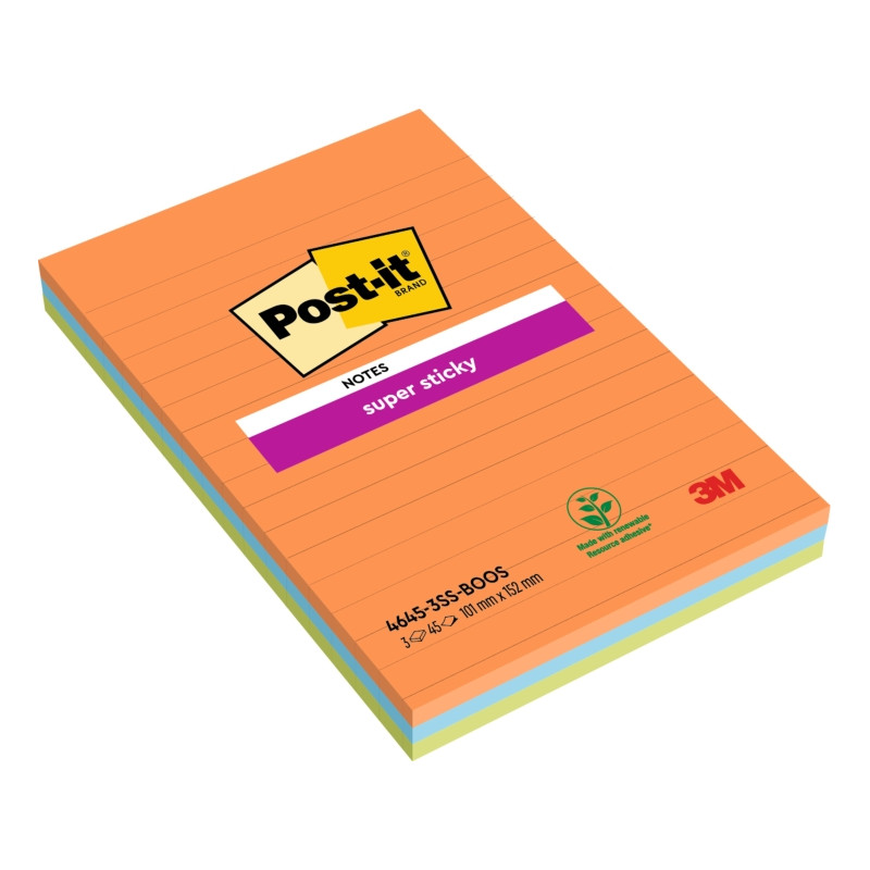 CONFEZIONE DA 3 BLOCCHETTI DI POST-IT SUPER STICKY DA 45 FOGLIETTI ADESIVI RIPOSIZIONABILI - 101X152 MM