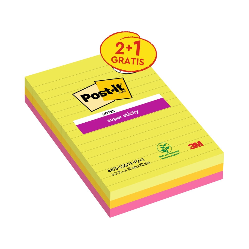 CONFEZIONE DA 3 BLOCCHETTI DI POST-IT SUPER STICKY DA 75 FOGLIETTI ADESIVI RIPOSIZIONABILI - 101X152 MM
