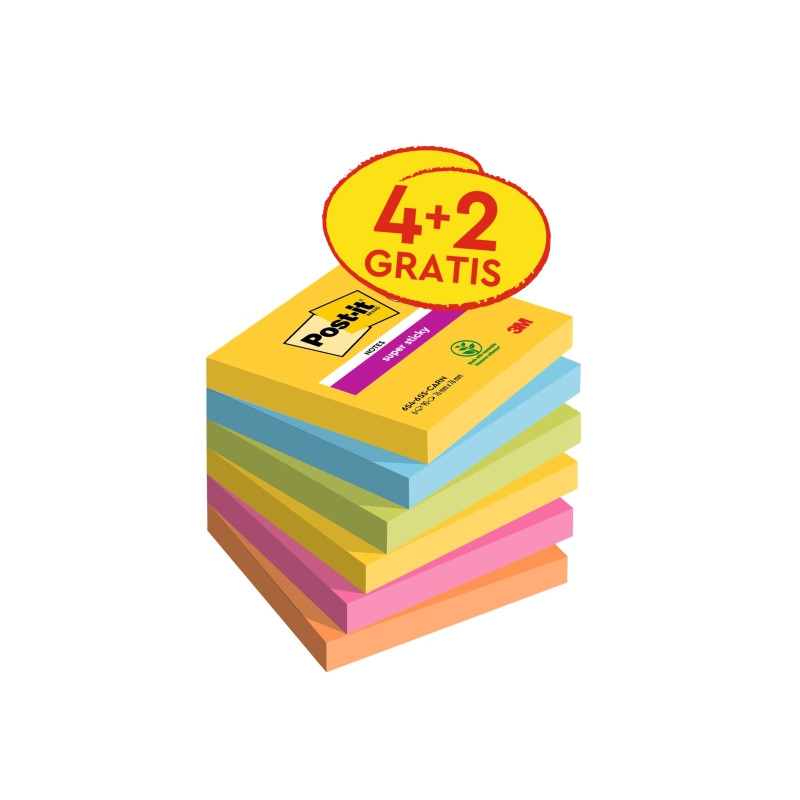 CONFEZIONE DA 6 BLOCCHETTI DI POST-IT SUPER STICKY DA 90 FOGLIETTI ADESIVI RIPOSIZIONABILI - 76X76 MM