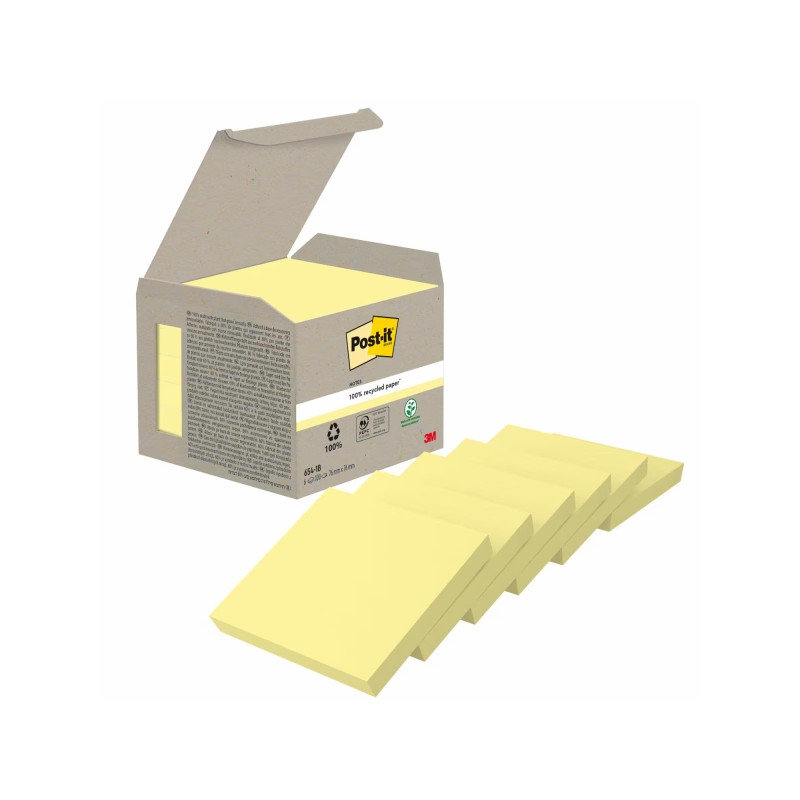 CONFEZIONE DA 6 BLOCCHETTI DI POST-IT DA 100 FOGLIETTI ADESIVI RICICLATI - 76X76 MM - GIALLO CHIARO