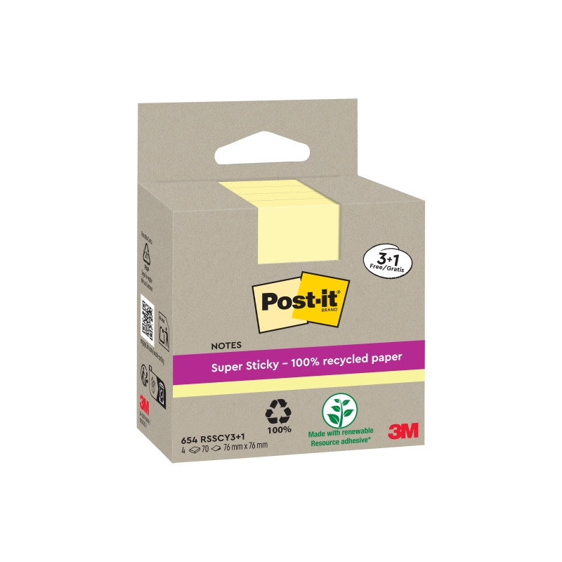 CONFEZIONE DA 4 BLOCCHETTI DI POST-IT SUPER STICKY DA 70 FOGLIETTI ADESIVI RICICLATI - 76X76 MM - GIALLO CHIARO