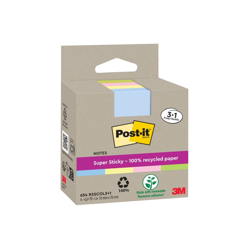 CONFEZIONE DA 4 BLOCCHETTI DI POST-IT SUPER STICKY DA 70 FOGLIETTI ADESIVI RICICLATI - 76X76 MM - GIALLO CHIARO