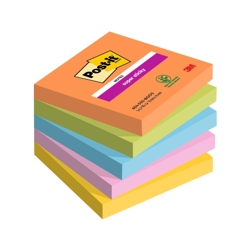 CONFEZIONE DA 5 BLOCCHETTI DI POST-IT SUPER STICKY DA 90 FOGLIETTI ADESIVI RIPOSIZIONABILI - 76X76