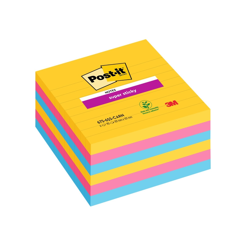 CONFEZIONE DA 6 BLOCCHETTI DI POST-IT SUPER STICKY DA 90 FOGLIETTI ADESIVI RIPOSIZIONABILI - 101X101 MM