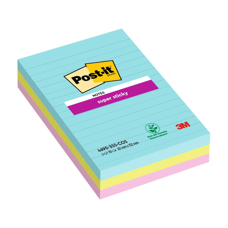 CONFEZIONE DA 3 BLOCCHETTI DI POST-IT SUPER STICKY DA 90 FOGLIETTI ADESIVI RIPOSIZIONABILI - 101X152 MM