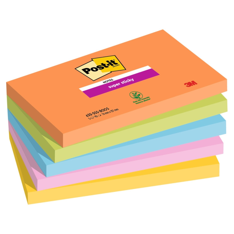 CONFEZIONE DA 5 BLOCCHETTI DI POST-IT SUPER STICKY DA 90 FOGLIETTI ADESIVI RIPOSIZIONABILI - 127X76 MM