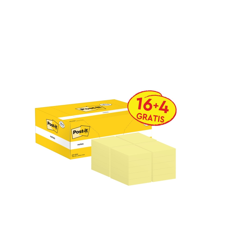 CONFEZIONE DA 20 BLOCCHETTI DI POST-IT DA 100 FOGLIETTI ADESIVI RIPOSIZIONABILI, 38X51 MM - GIALLO CHIARO