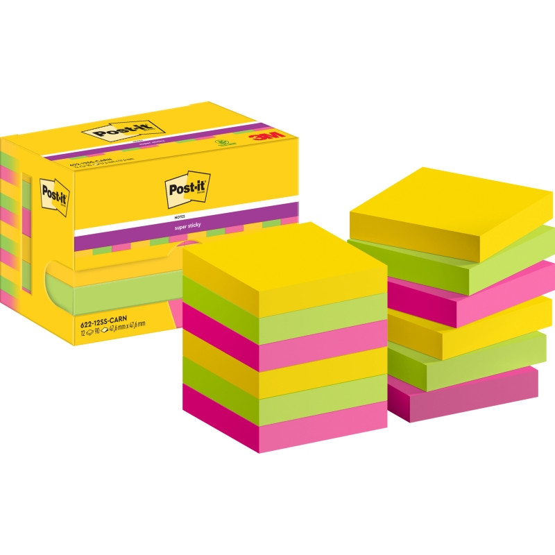 CONFEZIONE DA 12 BLOCCHETTI DI POST-IT SUPER STICKY DA 90 FOGLIETTI ADESIVI RIPOSIZIONABILI, 47,6X47,6 MM