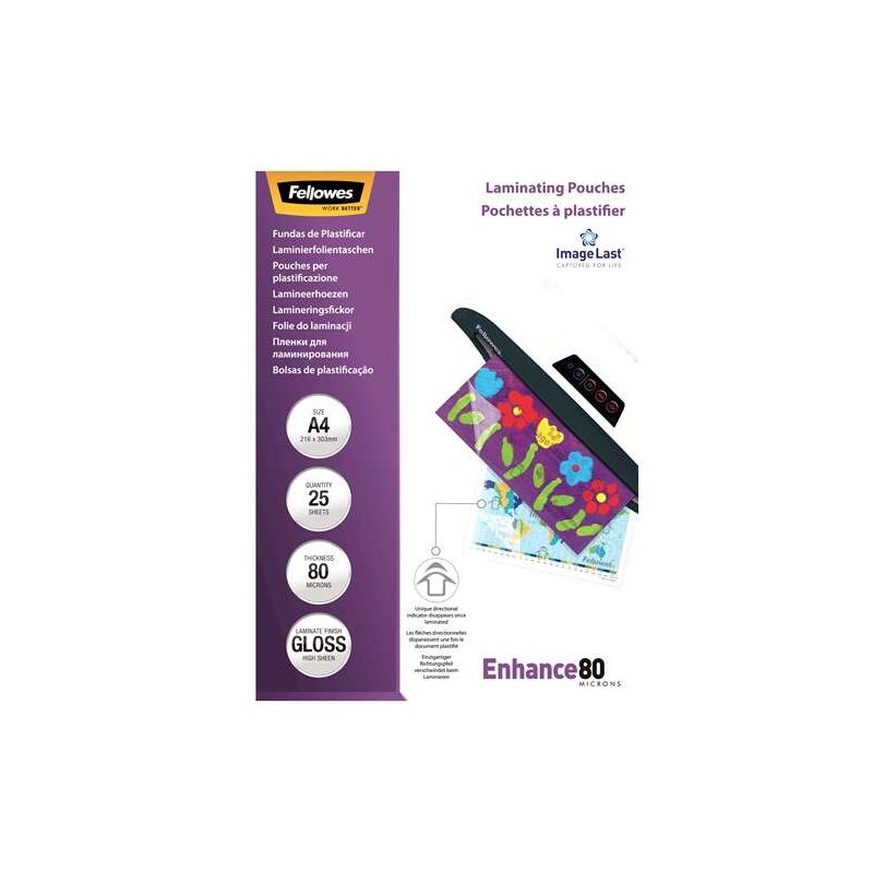 CONFEZIONE DA 25 BUSTE PER PLASTIFICAZIONE LUCIDE FELLOWES FORMATO A4 - 80 MICRON - ALTA QUALITÀ - TRASPARENTI